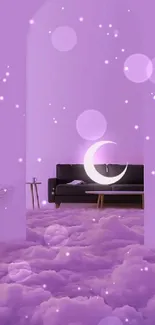 Dreamy pastel wallpaper with purple clouds and crescent moon for mobile.