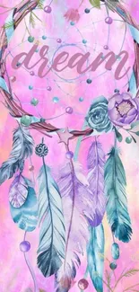 Pastel dreamcatcher with feathers and floral accents in vibrant colors.