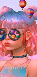 Whimsical pastel character art with cosmic sunglasses and vibrant balloons.