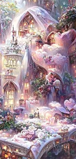 Dreamy pastel fantasy village with luminous lanterns and lush floral decor.