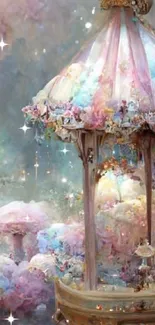 Whimsical pastel fantasy wallpaper with carousel and mushrooms.