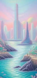 Futuristic cityscape artwork with pastel colors and a serene waterway.