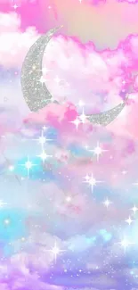 Dreamy pastel galaxy wallpaper with stars and silver moon.