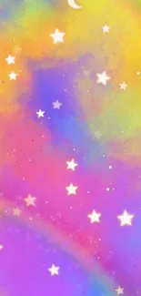 Colorful pastel galaxy wallpaper with stars and moon.