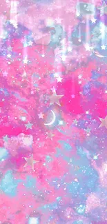 Dreamy pastel galaxy wallpaper with stars and clouds in pink and blue hues.