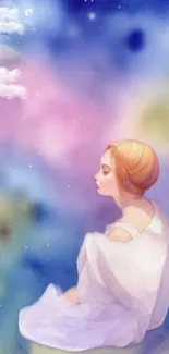 Dreamy pastel art of a girl with a cosmic sky background.