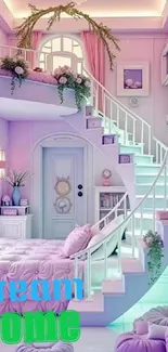 Dreamy pastel home interior with elegant staircase and decor.