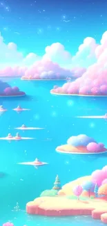 Dreamy pastel island with vibrant clouds and tranquil waters.