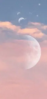 Dreamy pastel sky with moon and clouds wallpaper.