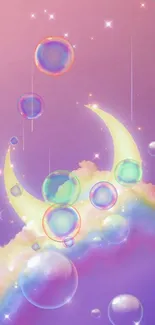 Pastel mobile wallpaper with crescent moon and rainbow clouds.