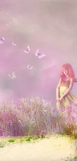 Dreamy pink nature scene with butterflies and meadow.