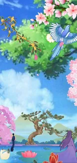 Dreamy pastel nature scene with birds and blossoms.