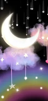 Pastel wallpaper with moon, clouds, and rainbow on a black background.