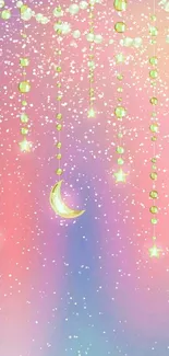 Pastel night wallpaper with a crescent moon and hanging stars.