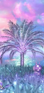 Dreamy pastel palm tree under a colorful sky.