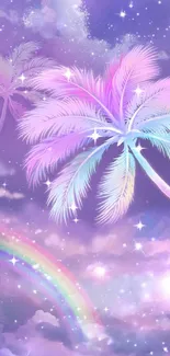 Pastel palm tree with stars and rainbow in dreamy sky.