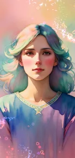 Vibrant pastel portrait of a serene woman with colorful hues.