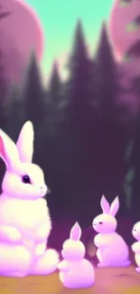 Dreamy pastel rabbits gather under a purple forest sky.