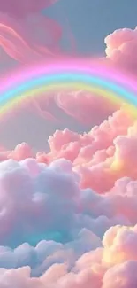 Colorful rainbow over pastel pink clouds with a dreamy sky.