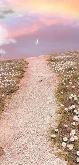 Serene path with flowers under a pastel rainbow in soft pink hues.