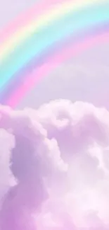 Mobile wallpaper with pastel rainbow and soft purple clouds.