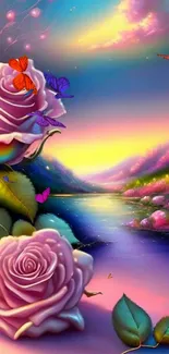 Dreamy landscape with pink roses by a colorful sunset river.