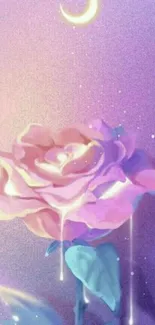 A dreamy wallpaper of a pastel rose with a crescent moon on a purple background.