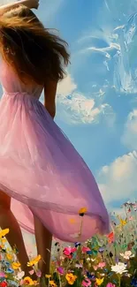 Woman in pink dress in a field of wildflowers beneath a blue sky.