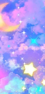 Dreamy pastel sky wallpaper with stars and moon.