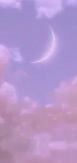 Dreamy pastel sky with crescent moon and soft clouds in lavender hues.