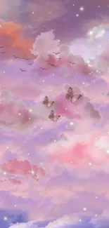 Aesthetic wallpaper with pastel clouds, butterflies, and stars.