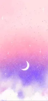 Dreamy pastel sky with crescent moon and stars in pink and purple hues.