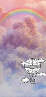 Pastel pink sky with clouds, rainbow, and balloon.