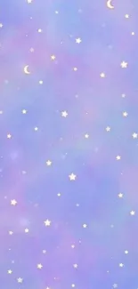 Dreamy pastel mobile wallpaper with stars and moons on a lilac background.