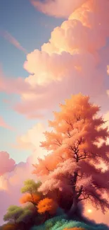 A pastel-colored tree with dreamy clouds in the background.