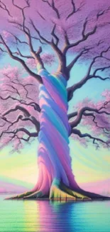 Dreamy pastel tree with rainbow trunk reflecting in water.