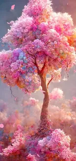 Dreamy pastel tree with pink blossoms against a serene backdrop.