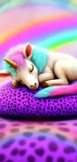 Vibrant mobile wallpaper of a sleeping pastel unicorn on a purple pillow.