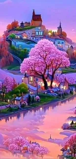 Whimsical pastel village with pink trees and serene river, perfect for mobile wallpaper.