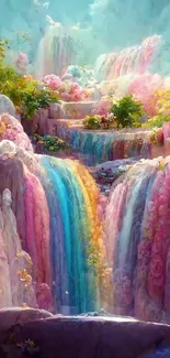 Dreamy pastel waterfall art with vibrant colors.