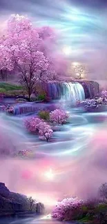 Dreamy pastel landscape with waterfalls and pink trees.