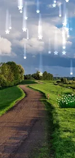 Peaceful countryside path under a starry sky with green fields.