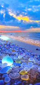 Colorful pebbles on a sunset beach with glowing hues.