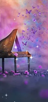 Dreamy piano with butterflies on a purple and pink backdrop.