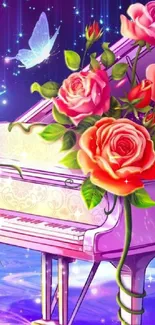 Dreamy wallpaper of a piano with roses in a twilight fantasy theme.