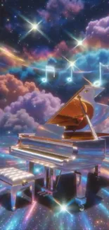 Grand piano in a colorful galaxy scene with musical notes.