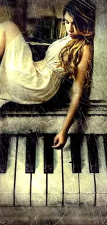 Artistic wallpaper with a girl sitting on piano keys, creating a dreamy effect.