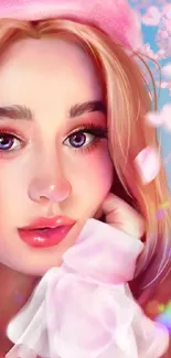 Dreamy pink aesthetic wallpaper featuring a vibrant girl illustration.