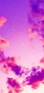 Dreamy purple and pink sky with stars and crescent moon wallpaper.