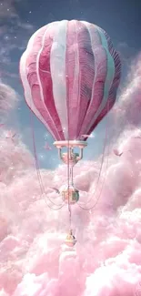 Pink hot air balloon floats among clouds with birds.